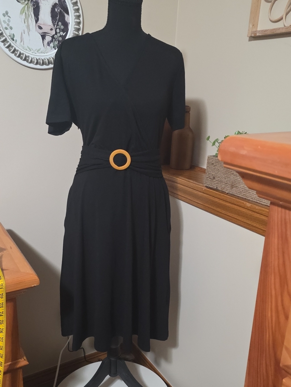 Black Midi Wrap Dress with Accent Buckle